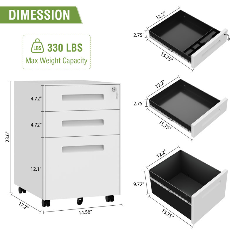 3 Drawer File Cabinet, Mobile File Cabinet with Lock on Wheels, Letter/Legal Size, Fully Assembled., White