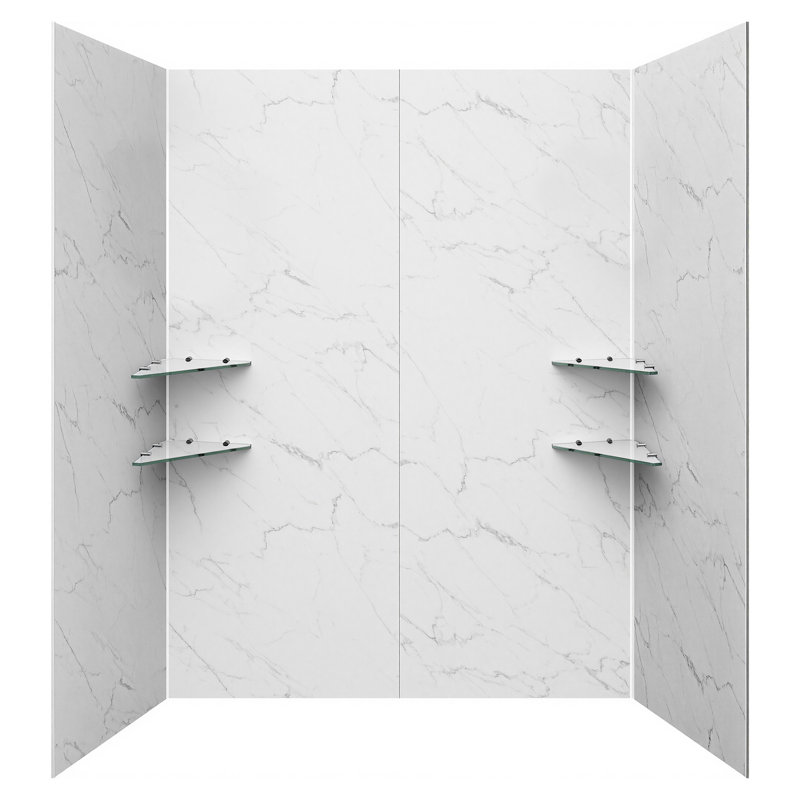 Shower Wall Panels, 60" W x 32" D x 80" H, 0.2" (5 mm) Thick, 4-Panel Waterproof SPC Shower Surround Kit, Quick Install and Trimmable Bathroom Tub Wall Panel Surround Kit with 4 Glass Shelves