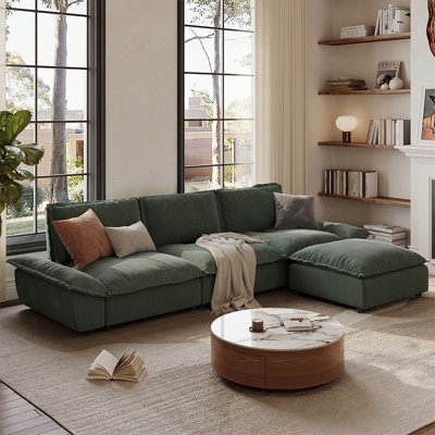 Fernando 141.73" Sailboat Deep Sofa Stain Resistant Cozy Couch With Ottoman, L-Shaped 4 Seater Sofa For Living Room