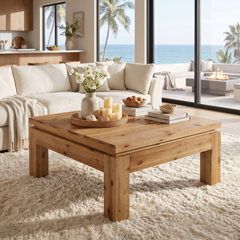 31.5" Solid Wood Square Coffee Table for Living Room, Rustic Brown