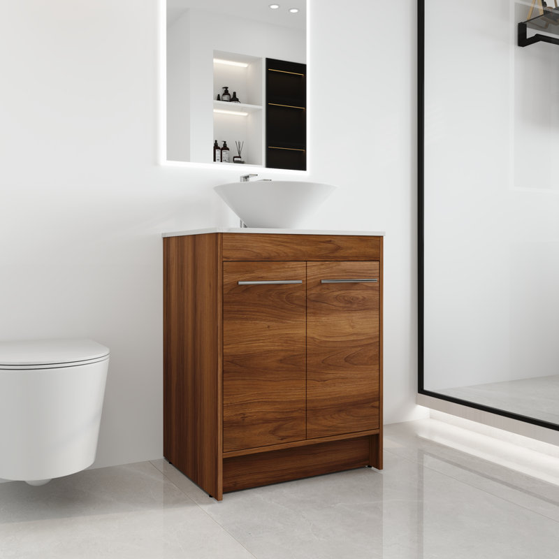 Ensemble de meuble-lavabo simple autoportant 24 po avec lavabo en céramique blanche Aurrie, Round Basin, 23.65"
