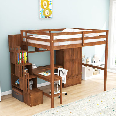 Lit mezzanine double en bois avec escalier de rangement, bureau en L et garde-robe