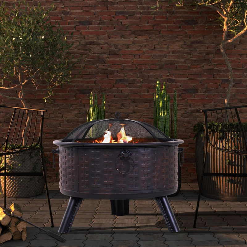 26-Inch Outdoor Wood Burning Fire Pit with Spark Screen & Tripod Legs, for Backyard, Patio or Garden Gatherings