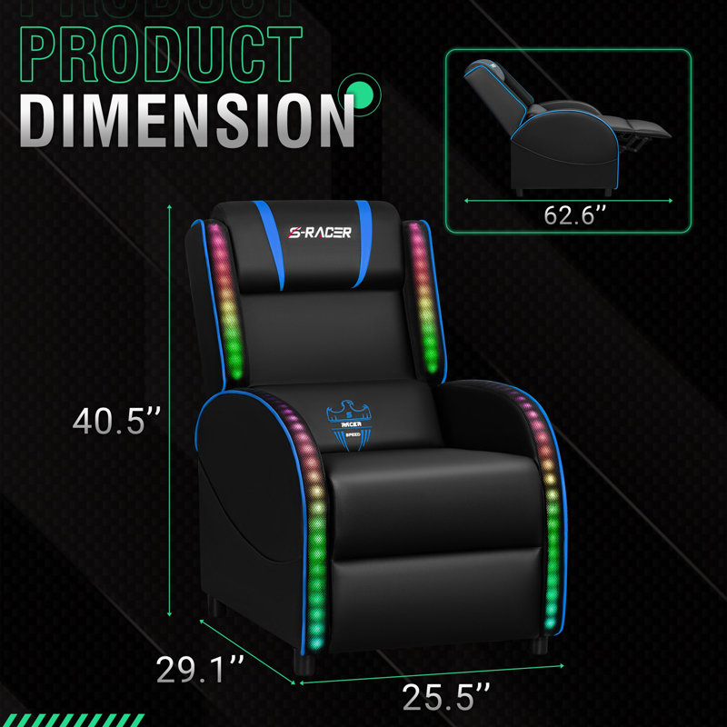 Faux Leather PC & Racing Game Chair with RGB LED Lights and Massage Lumbar Support, Black/Blue