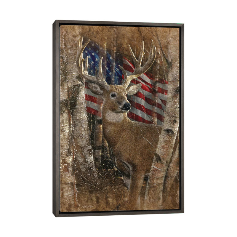 Whitetail Buck America par Collin-gris-impression d’art graphique, Toile encadrée de bois rustique foncé, Pas de tapis