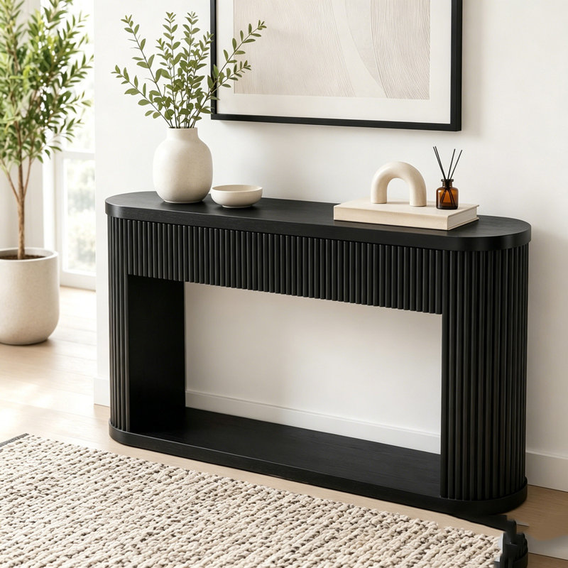 Console ovale cannelée avec 2 tiroirs et tablette inférieure, Black