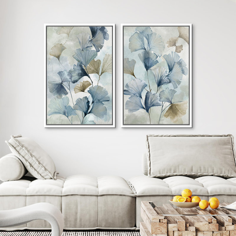 Blue Ginkgo Leaves Minimalist Abstract Botanical Modern - Framed Canvas Bedroom Wall Art Set 2 Print, White, 36" H x 24" W