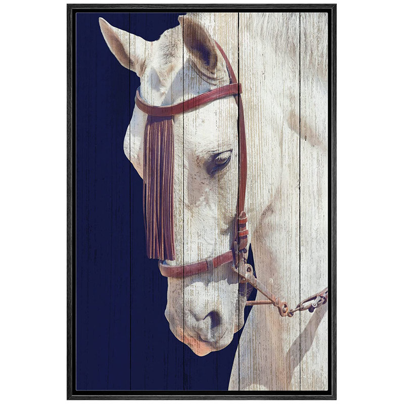 "Cheval de course", cheval sur étalon blanc - cadre flottant, impression sur toile, Cadre noir, H 24 po x l 16 po x P 1,5 po