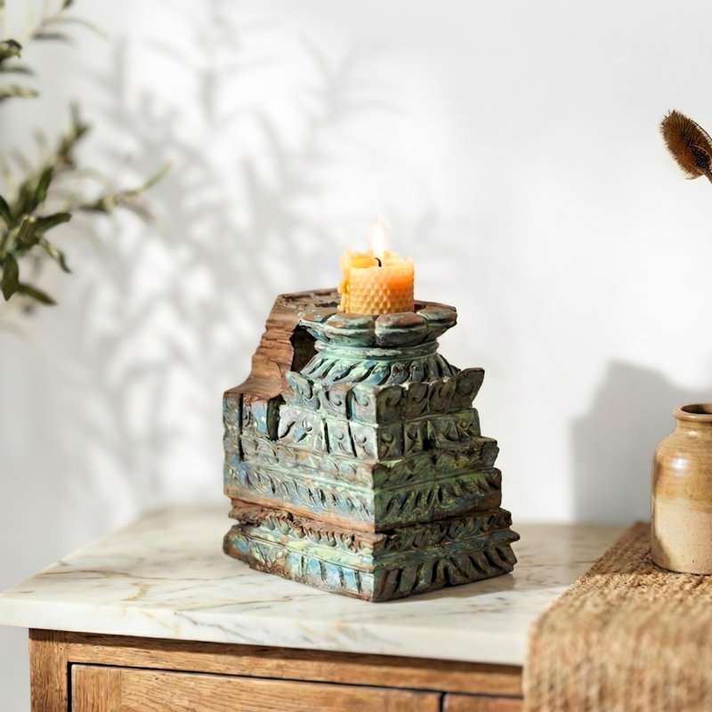Rustic Distressed Blue Teak Wood Pillar Candle Holder