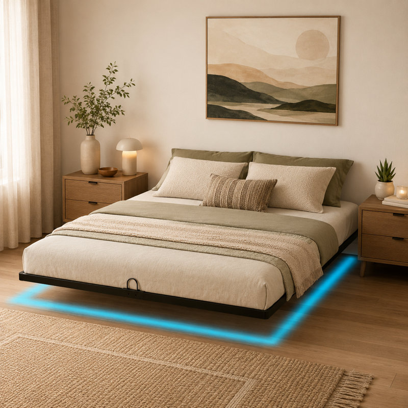 Full Size Floating Metal Platform Bed Frame with Smart LED Lights, Easy Assembly, No Box Spring Required