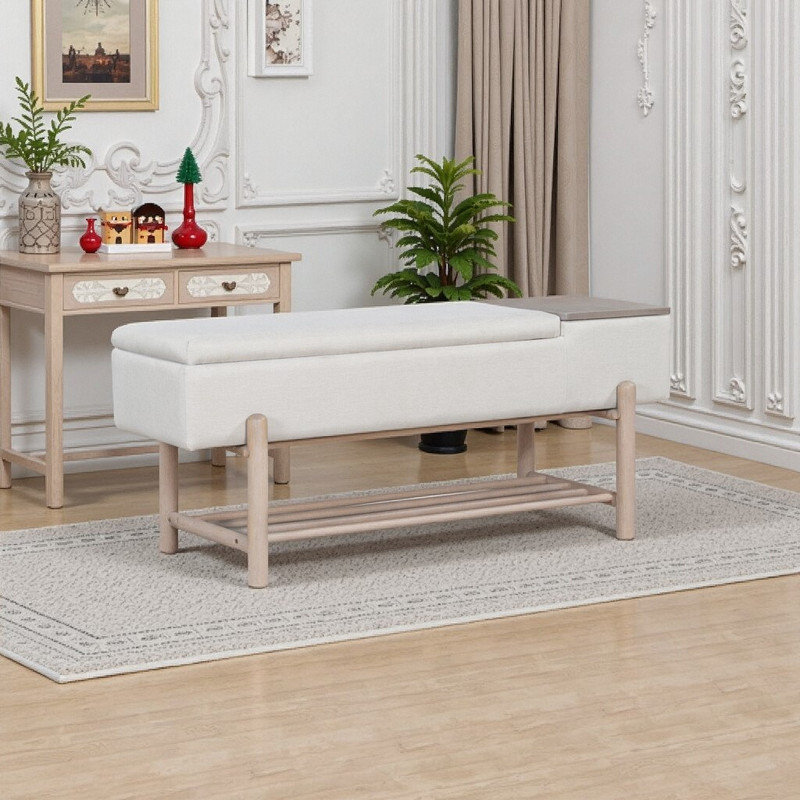Banc de rangement rembourré avec plateau relevable, banc d'entrée 47,2 po, contreplaqué et structure, Beige / Naturel