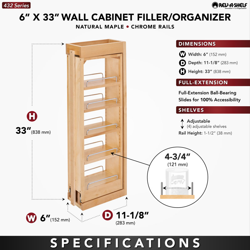 Rev-A-Shelf Pullout Wall Filler Cabinet Wooden Organizer , 33"H x 6"W x 11.13"D