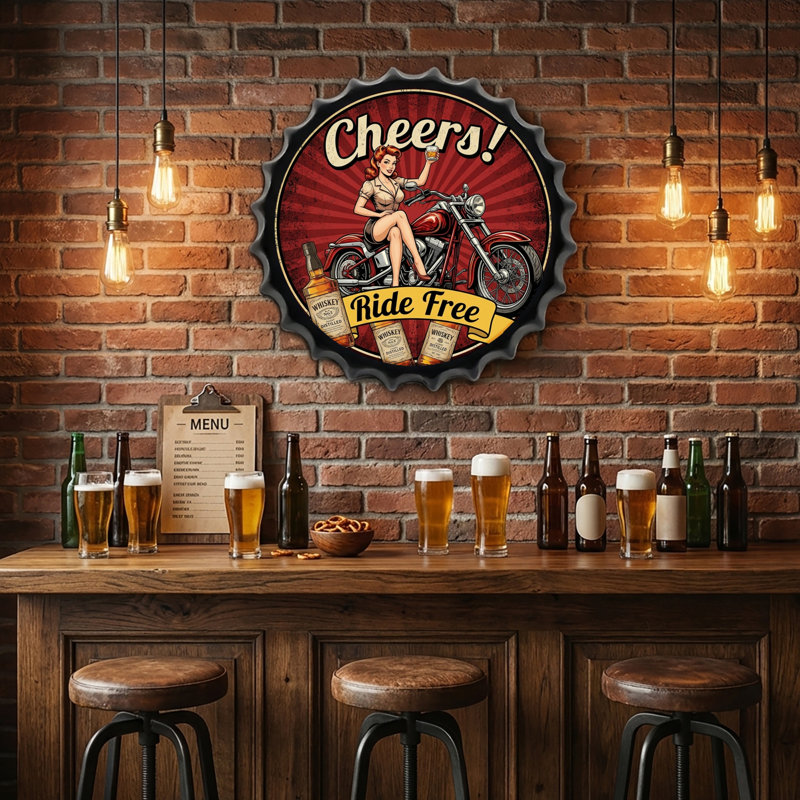 Retro Pinup Bottle Caps Metal Tin Signs Wall Art Plaque Vintage Home Decor 13.8x13.8 Inch