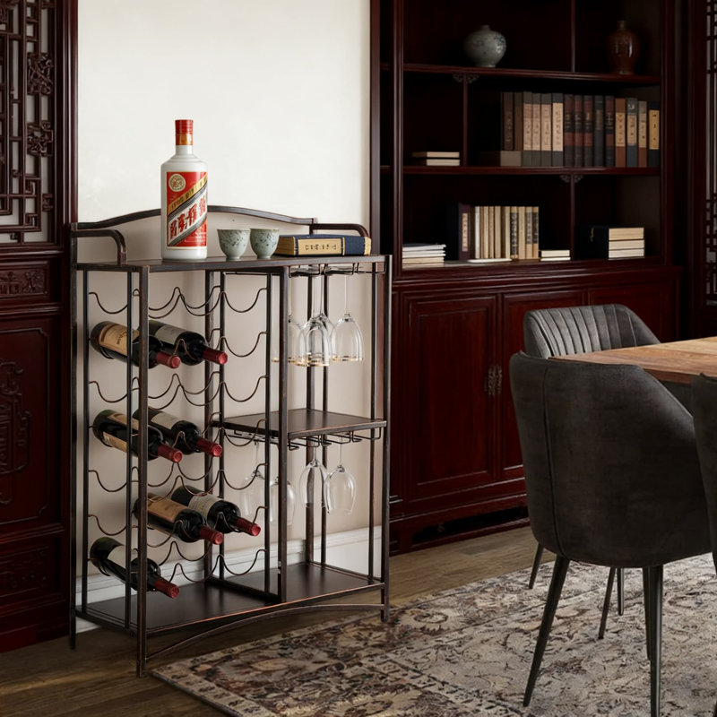 Meuble-bar avec porte-bouteilles et tablettes en verre