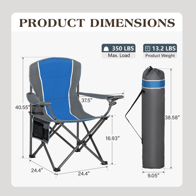 Chaise de camping pliante en X surdimensionnée avec dossier rembourré Clarena, Bleu / Gris, Ensemble de 2