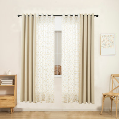 Embroidery Sheer & Solid Blackout Curtain Panel Pair Set, 4 Piece Treatment For Living Room & Bedroom