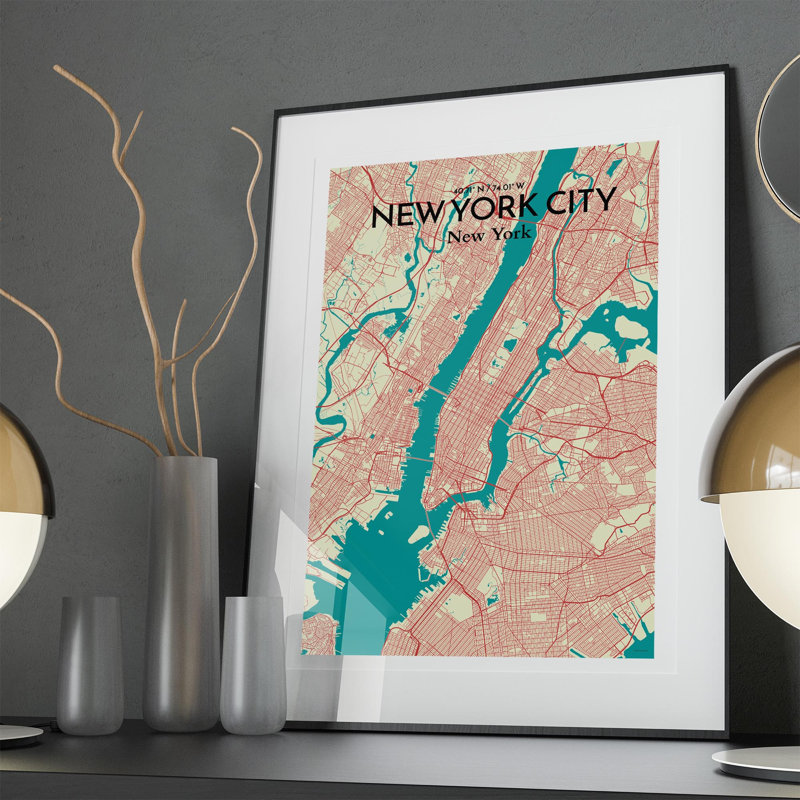 « new york city map », reproduction d’impression sur affiche en vert, H 36 po x l 24 po
