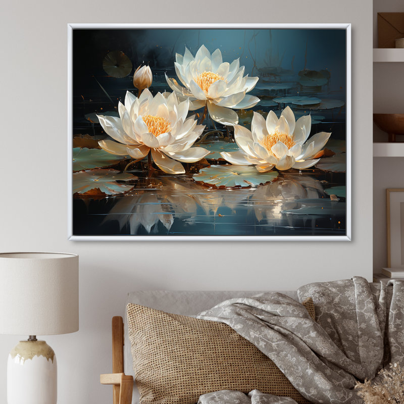 Fleurs de lotus baignées au clair de lune - Art sur toile de lotus, Cadre flottant blanc, H 24 po x l 32 po x P 1 po