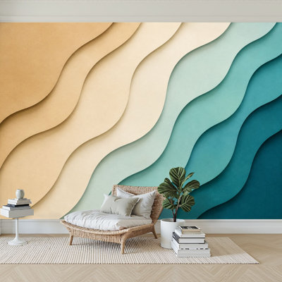 Wall Mural Peel and Stick Wallpaper Abstract Wavy Layered Neutral Teal Tones Self-Adhesive Removable Contact Paper Wall Decor for Living Room Bedroom 100"H x 144"W