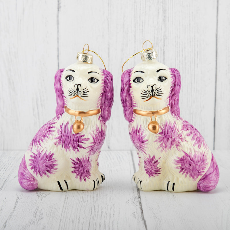 Pair of Pink Staffordshire Dogs Glass Ornament, Pink