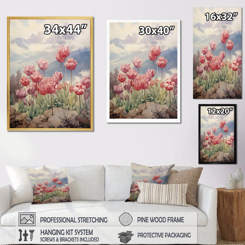 «Retro Blooming Retro Tulips Mountain Flowerfield» sur toile, H 44 po x l 34 po x P 1,5 po, Cadre flottant doré