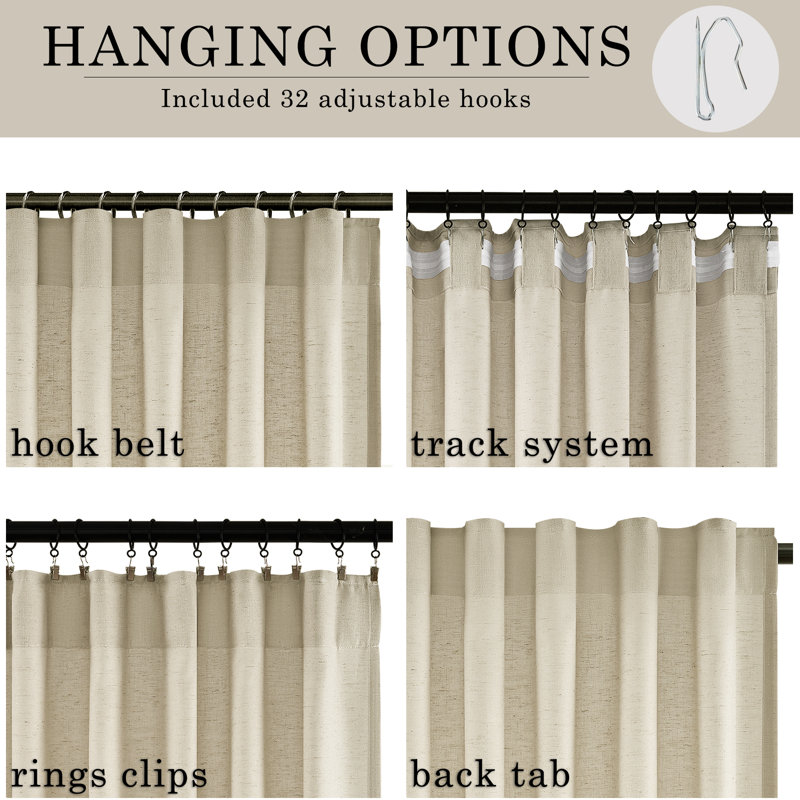 Dennan Light-Filtering Curtain with Back Tab Hooks, 52" W x 96" L, Natural Linen