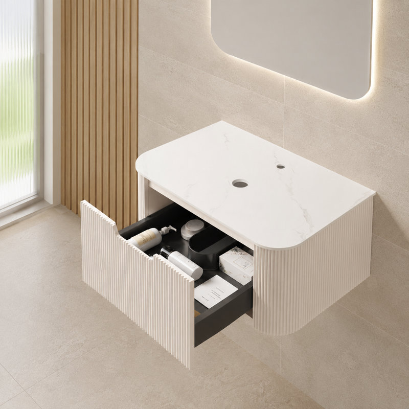 Meuble-lavabo mural de 76 cm (30 po) avec fini blanc et comptoir en pierre artificielle (lavabo non inclus).