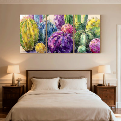 Plantes et fleurs, motif de cactus colorés, ensemble de 3 impressions sur toile