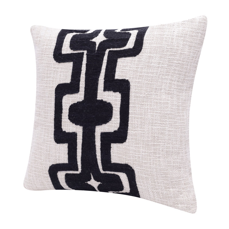 Coussin décoratif géométrique fait main en mélange de laine et coton, Carré 20 po, Onyx / ivoire