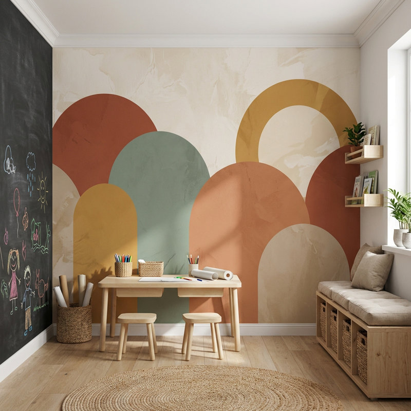 Papier peint abstrait géométrique Mid-Century, 120 po x 96 po, Peler et coller