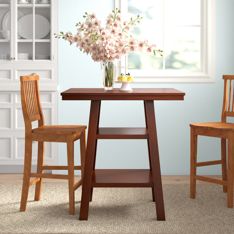Hallatrow Dining Table in Walnut Brown Finish With 2 Shelves, 35.9" H X 33.5" W X 33.5" D