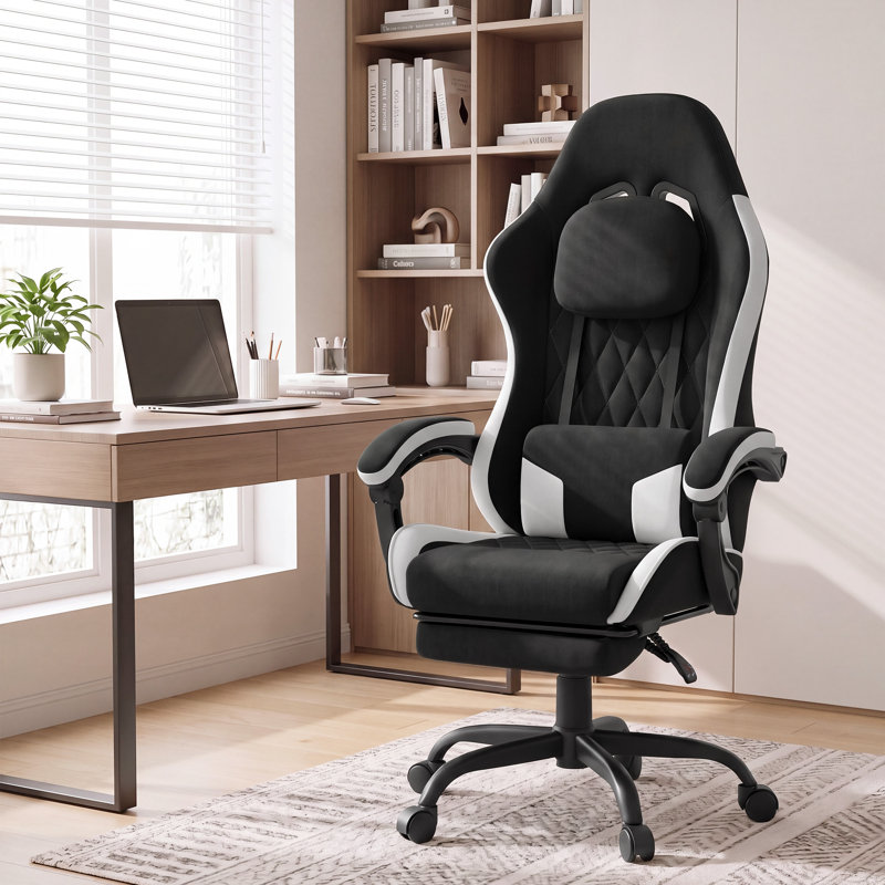 Fauteuil de jeu ergonomique avec repose-pieds, fauteuil pivotant inclinable à haut dossier, Black