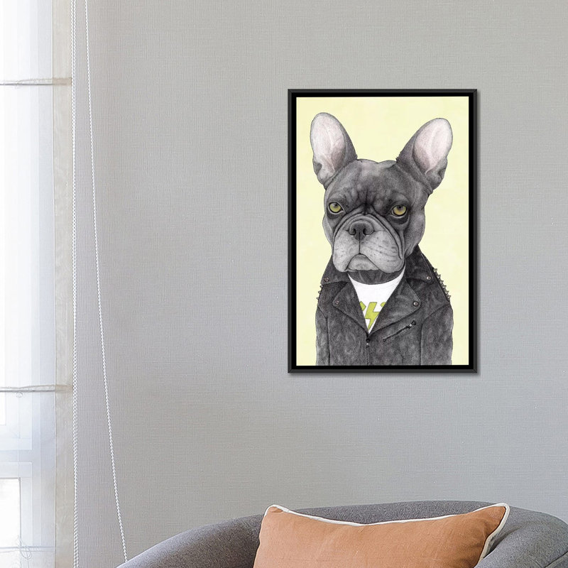 «Hard Rock French Bulldog» par Barruf, impression sur toile tendue, H 26 po x l 18 po x P 1,5 po, Toile avec cadre noir