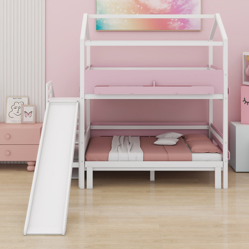 Lit superposé de style maisonnette avec glissade, escalier de rangement et garde-corps de sécurité, Blanc + rose
