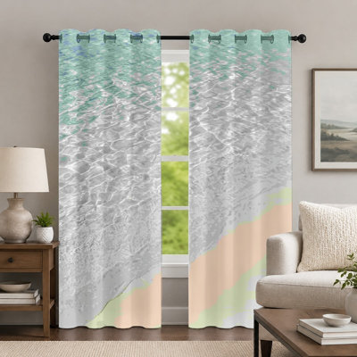 2Pcs Green and Grey Seascape Curtains, Ripple Water Pattern Window Treatment, Artistic Beach Scene Printed Grommet Drapes, Aesthetic Decor for Bedroom Living Room