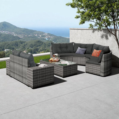 Ensemble de canapé rond en osier 8 pièces pour l'extérieur - modulaire demi-lune, rotin PE toutes saisons, canapés courbés avec tables rectangulaires et d'appoint, coussins beiges amovibles - ensemble de conversation de patio pour le jardin, la terrasse ou la piscine