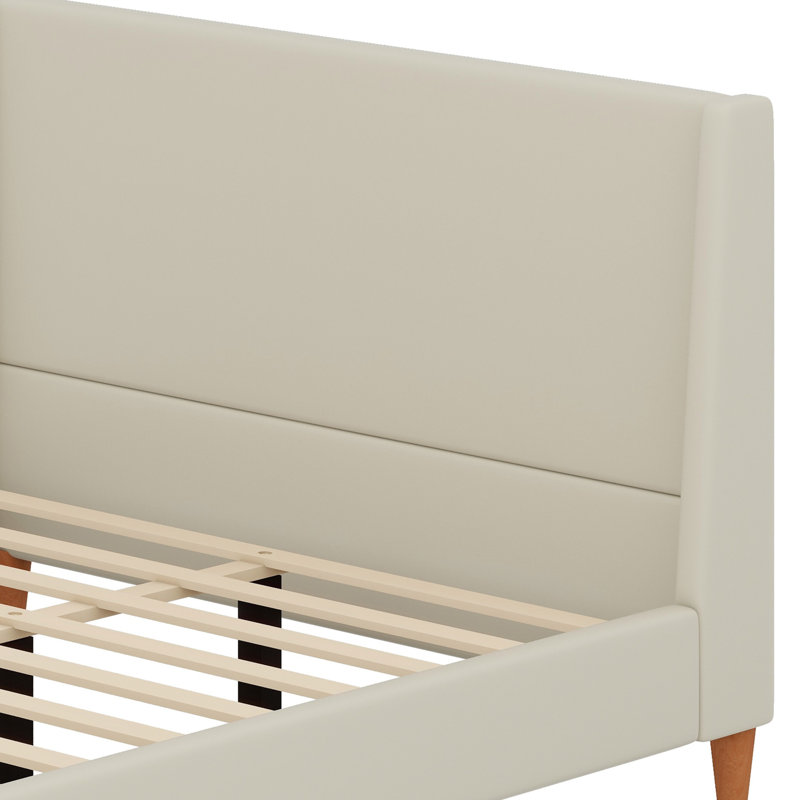 Lit plateforme tapissier avec tête de lit à oreilles et pieds en bois, Beige, Grand lit