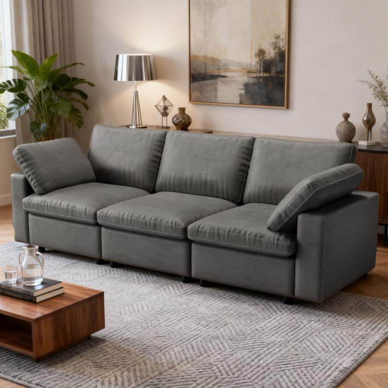 100" PU Sectional Couch ,Modern Modular Sofa With Deep Seat,Couches For Living Room Bedroom, Gray Faux Leather