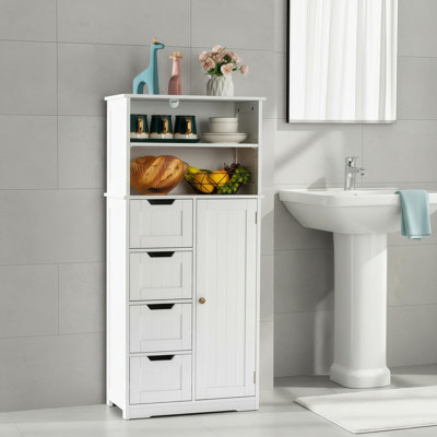 White Bathroom Vanity Unit With 4 Drawers, 1 Cabinet, And 2 Adjustable Shelves; Suitable For Various Spaces.