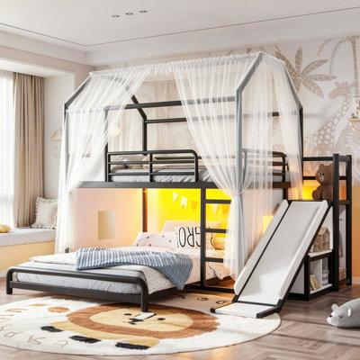 Lits superposés en métal, barres transversales de 19 lits, cadre de lit robuste avec barrière de sécurité et échelle, lit superposé à plancher bas pour garçons filles adultes, capacité de charge de 400 + 480 lb, aucun sommier nécessaire (noir)