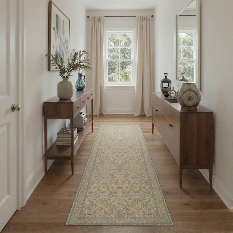 Lorelei Floral Vines Machine Washable Sage Smoke Indoor Area Rug With Non-Slip Backing, Runner 2'6" x 8'