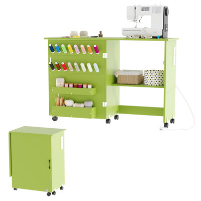 Foldable Sewing Machine Table with Charging Station, Lockable Wheels, Storage Trays, Shelf & Magnetic Locks – Rolling Craft Table & Space-Saving Cabinet Desk for Small Spaces