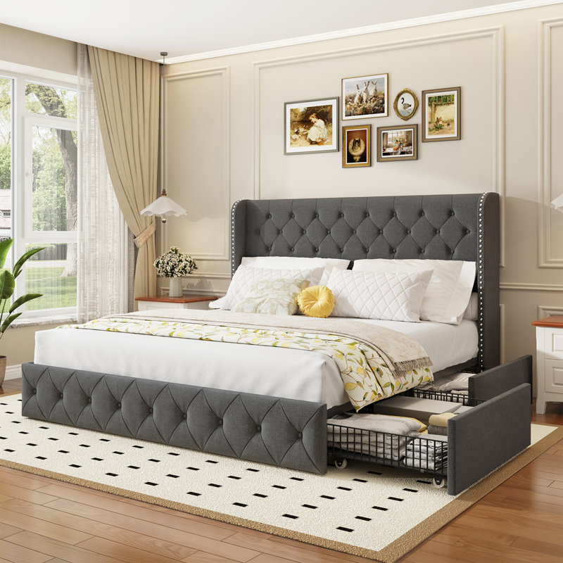 Light Grey Upholstered King Bed, Upgrade Your Bedroom with Wingback Tufted Headboard and Large Storage Drawers, Light Gray