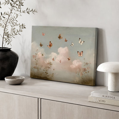 Whimsical Butterflies in Pastel Sky with Floral Landscape Print Pictures Frame Canvas Print Wall Art