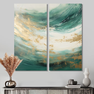«Gold and Green Soft Wave Fusion - Abstract Shapes», art mural