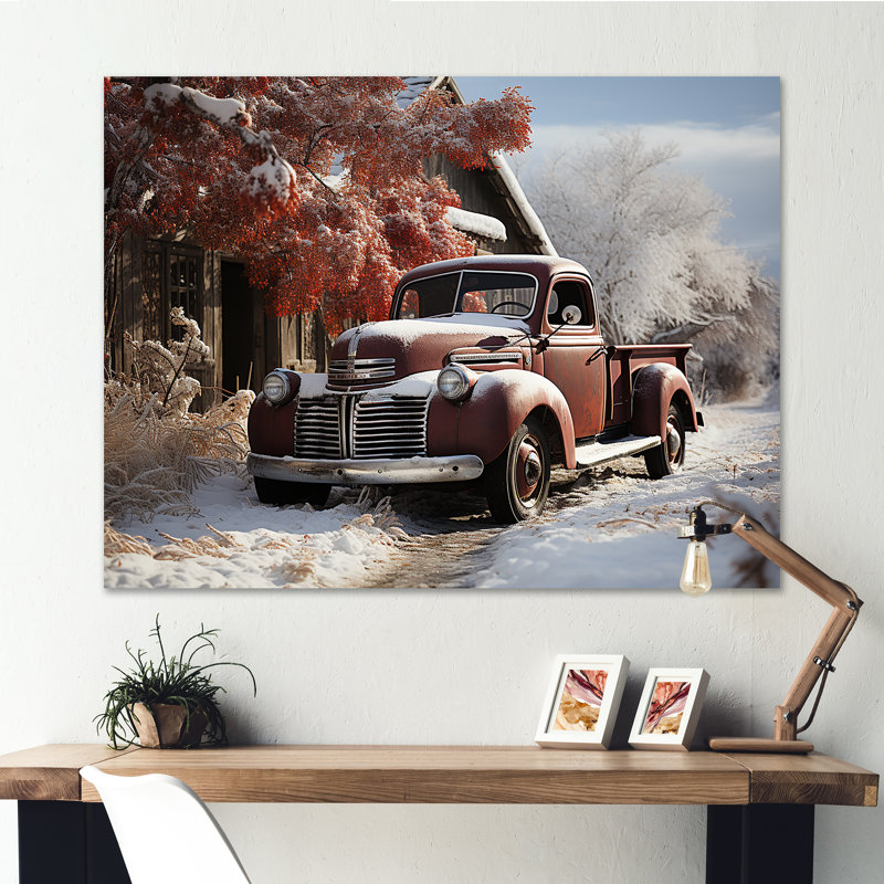 «Truck Pickup Charm In Winter», reproduction sur toile, Toile tendue, 30" H x 40" W