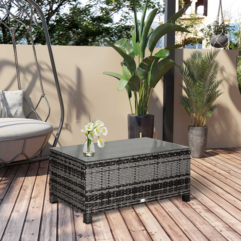 Sirard PE Rattan Outdoor Coffee Table w/ Tempered Glass Top, Mixed Grey