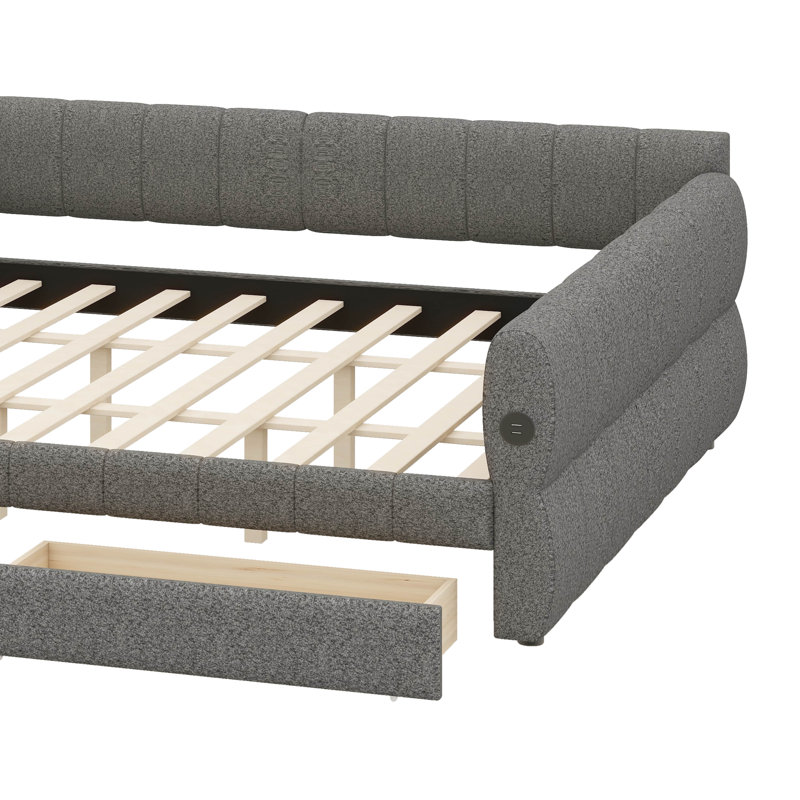 Lit plateforme très grand rembourré avec port USB et deux tiroirs, Gris