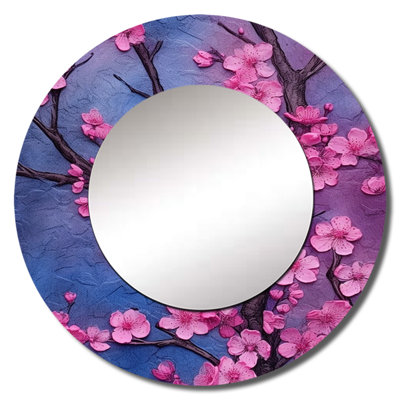 Pink And Blue Cherry Blossoms Symphony I - Cherry Decorative Wall Mirror, Traditional Round Mirror, Printed Metal Art