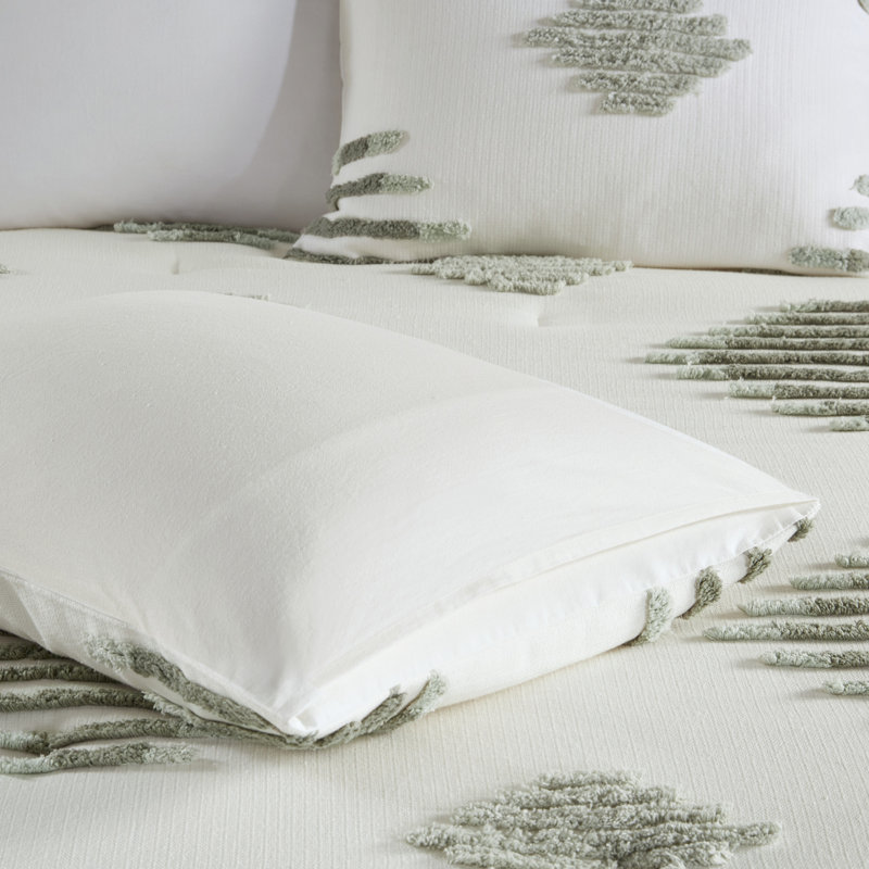 Ivory and Green Cotton Blend Chenille Full Comforter Set
